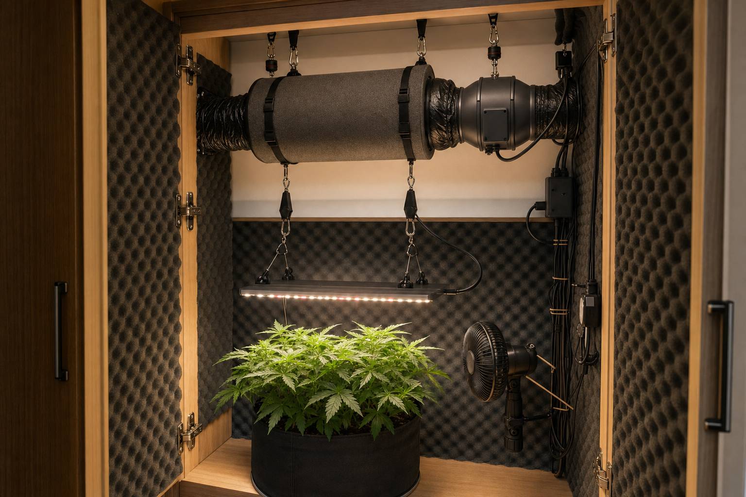 Cómo montar un kit de cultivo interior silencioso en un armario: aislamiento acústico, soportes y ventilación Cómo montar un kit de cultivo interior silencioso en un armario: aislamiento acústico, soportes y ventilación