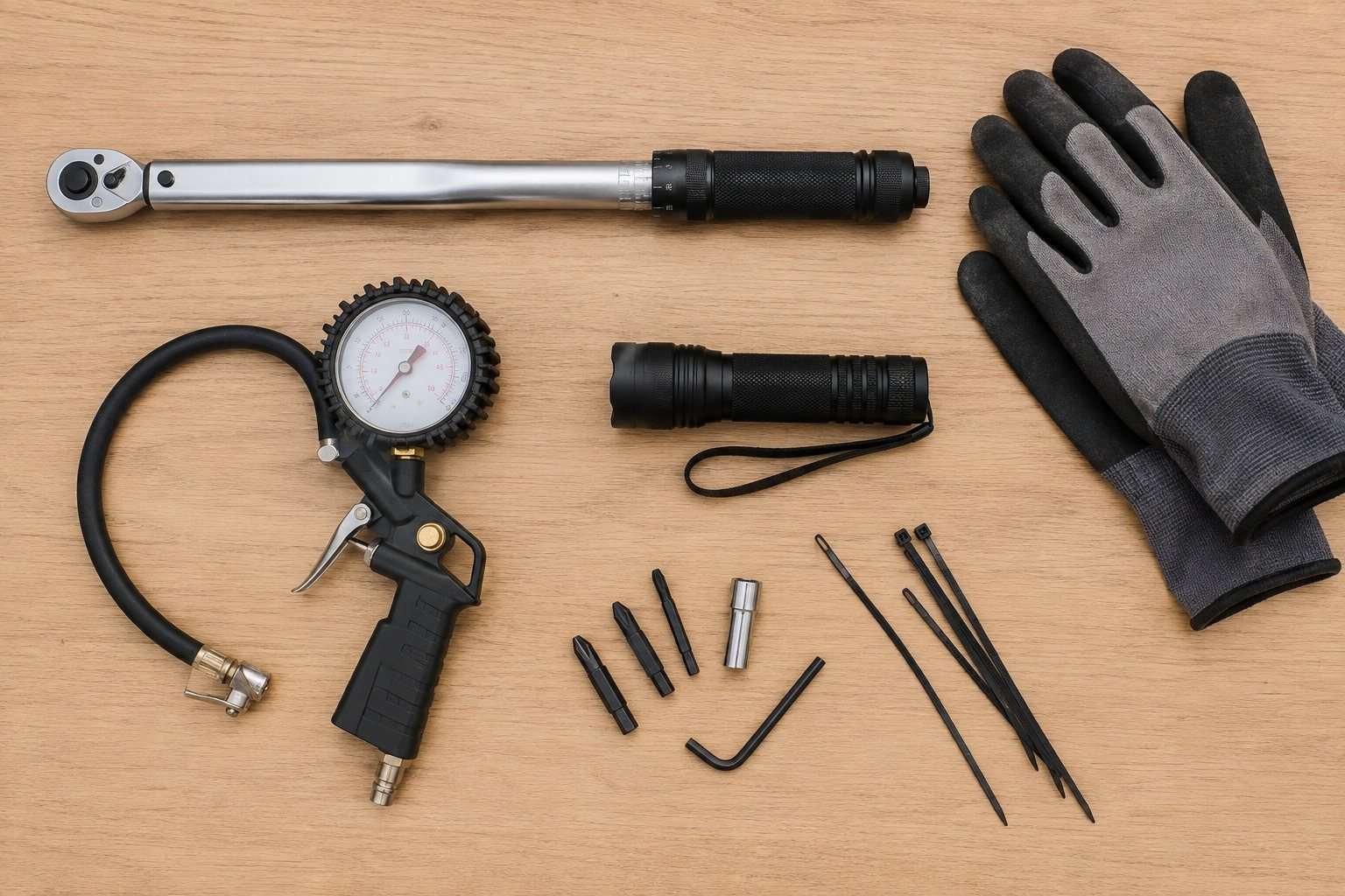 Llave dinamométrica, manómetro, linterna y guantes dispuestos sobre un banco de trabajo.